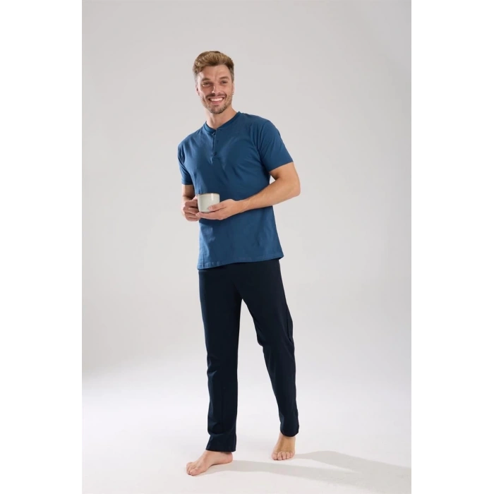 MARSiLYAN- Erkek İndigo Düğmeli Yaka Kısa Kol Pijama Takımı