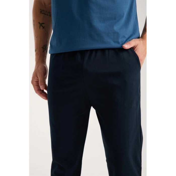 MARSiLYAN- Erkek İndigo Düğmeli Yaka Kısa Kol Pijama Takımı