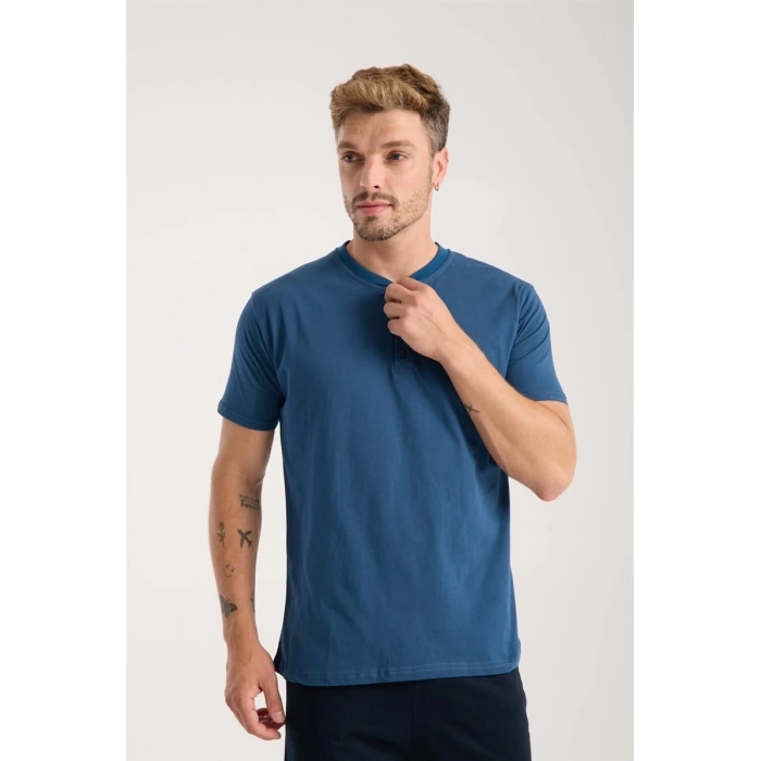 MARSiLYAN- Erkek İndigo Düğmeli Yaka Kısa Kol Pijama Takımı