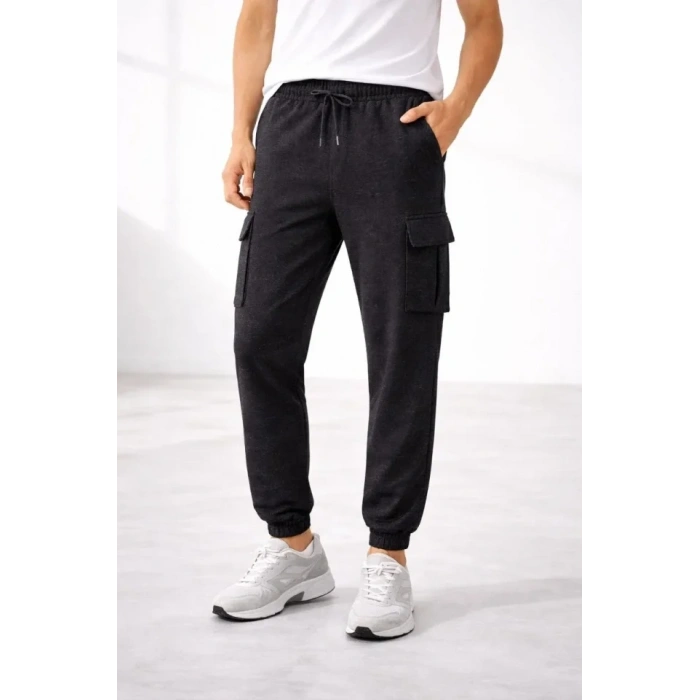 MARSiLYAN- Erkek Jogger Eşofman Altı Regular Fit , Kargo Cepli, Lastikli Paça, Günlük Spor Pantolon - Füme