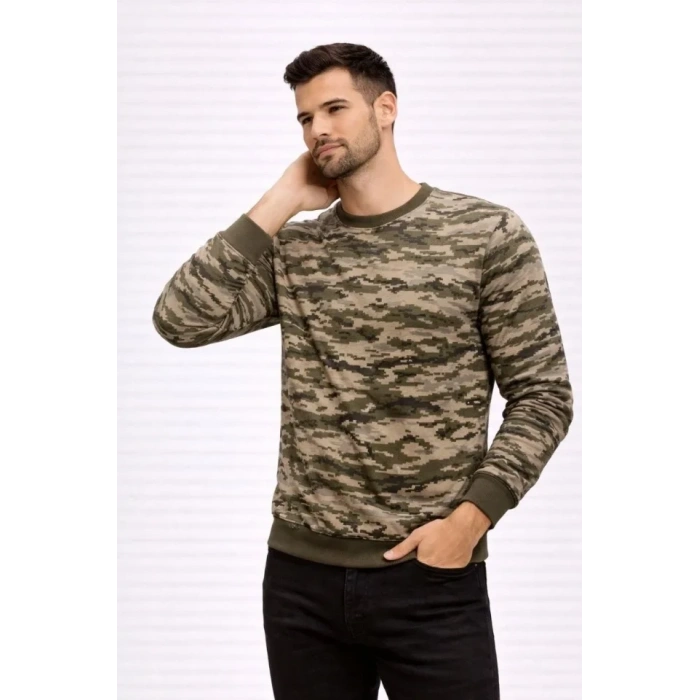 MARSiLYAN- Erkek Kamuflaj Desenli 2 İplik 4 Mevsim Uzun Kollu Bisiklet Yaka Sweatshirt - Kamuflaj