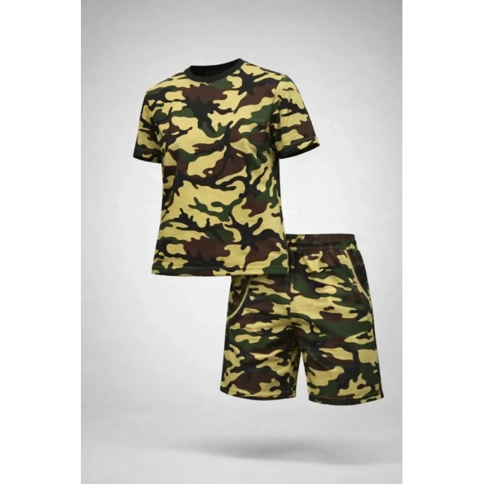 MARSiLYAN- Erkek Kamuflaj Desenli Tişört Şort Takım – Regular Fit Günlük Spor 2’li Yazlık Kombin - Kamuflaj