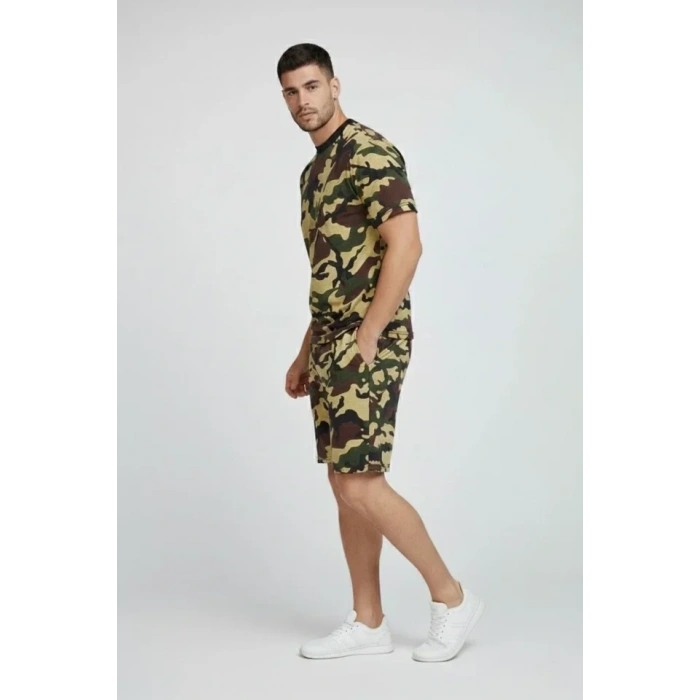 MARSiLYAN- Erkek Kamuflaj Desenli Tişört Şort Takım – Regular Fit Günlük Spor 2’li Yazlık Kombin - Kamuflaj