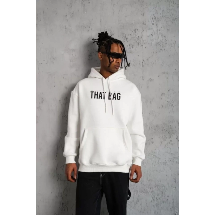 MARSiLYAN- Erkek Kanguru Cep Baskılı Kapüşonlu Sweatshirt - Beyaz