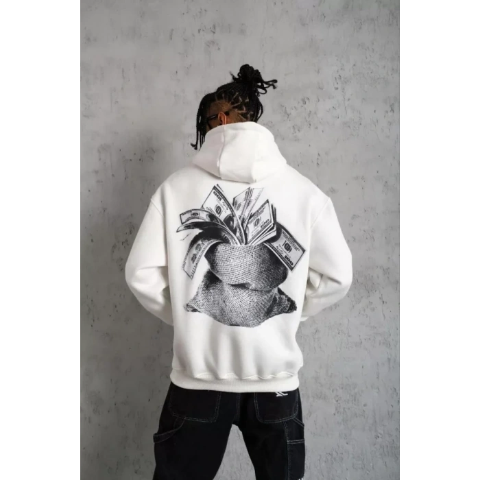 MARSiLYAN- Erkek Kanguru Cep Baskılı Kapüşonlu Sweatshirt - Beyaz