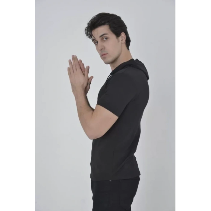 MARSiLYAN- Erkek Kapşonlu Slim Fit T-shirt - Siyah