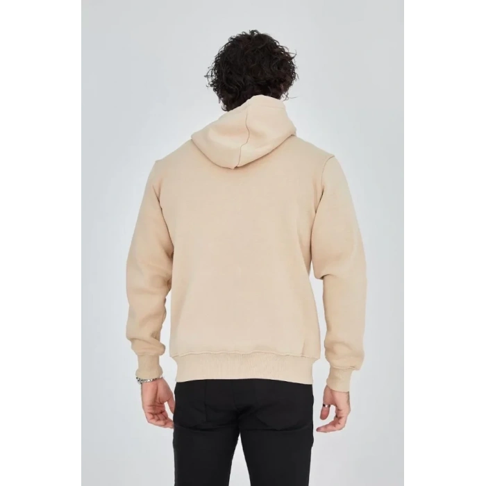 MARSiLYAN- Erkek Kapüşonlu Baskılı Fermuarlı Hırka - Bej