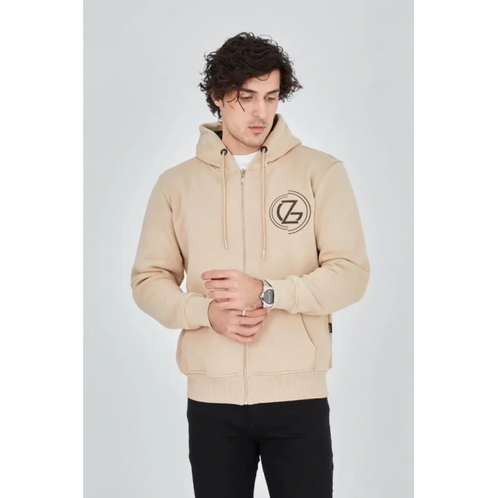 MARSiLYAN- Erkek Kapüşonlu Baskılı Fermuarlı Hırka - Bej