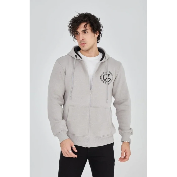 MARSiLYAN- Erkek Kapüşonlu Baskılı Fermuarlı Hırka - Boyalı Gri