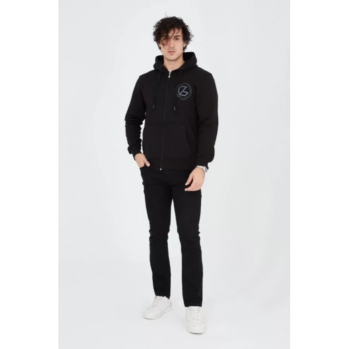 MARSiLYAN- Erkek Kapüşonlu Baskılı Fermuarlı Hırka - Siyah