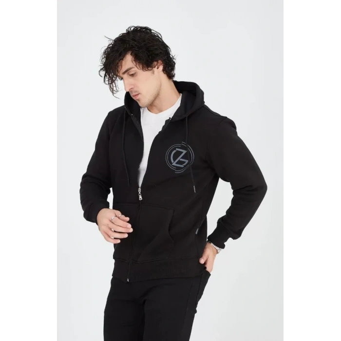 MARSiLYAN- Erkek Kapüşonlu Baskılı Fermuarlı Hırka - Siyah