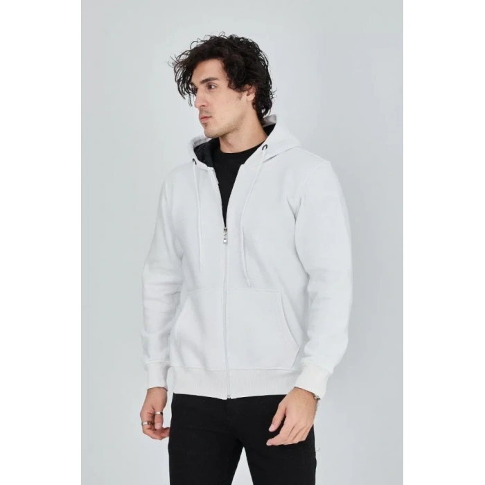 MARSiLYAN- Erkek Kapüşonlu Düz Fermuarlı Hırka - Beyaz