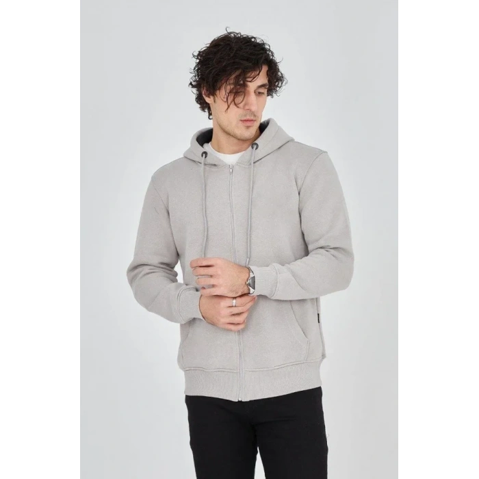 MARSiLYAN- Erkek Kapüşonlu Düz Fermuarlı Hırka - Boyalı Gri
