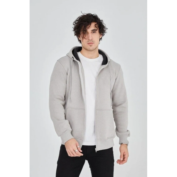 MARSiLYAN- Erkek Kapüşonlu Düz Fermuarlı Hırka - Boyalı Gri