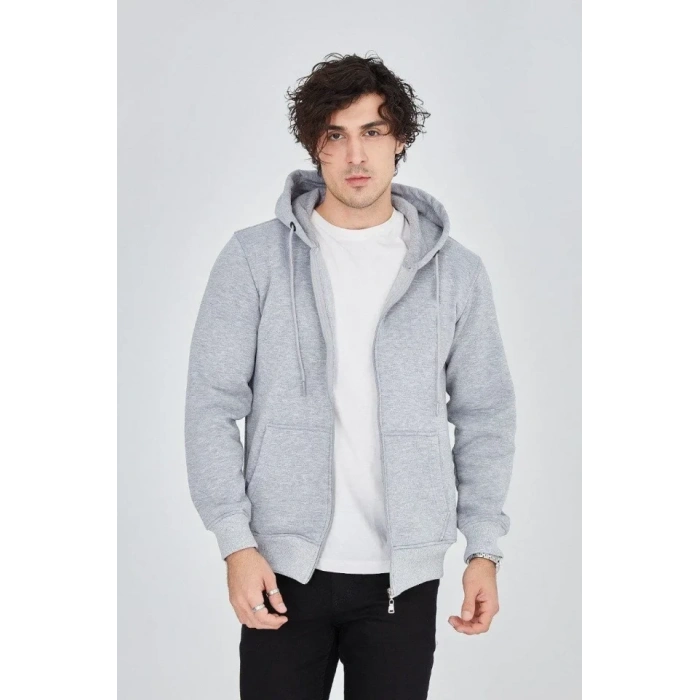 MARSiLYAN- Erkek Kapüşonlu Düz Fermuarlı Hırka - Gri