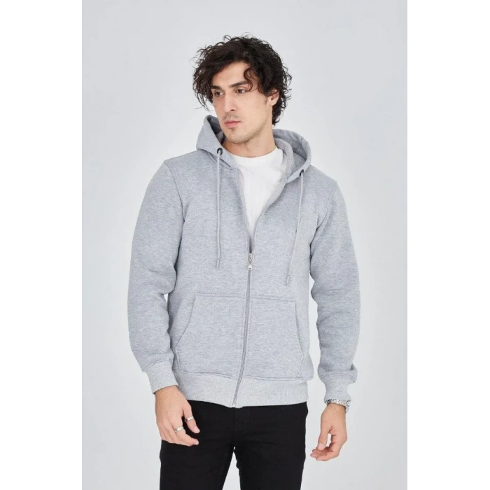 MARSiLYAN- Erkek Kapüşonlu Düz Fermuarlı Hırka - Gri