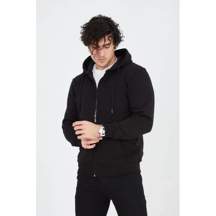 MARSiLYAN- Erkek Kapüşonlu Düz Fermuarlı Hırka - Siyah