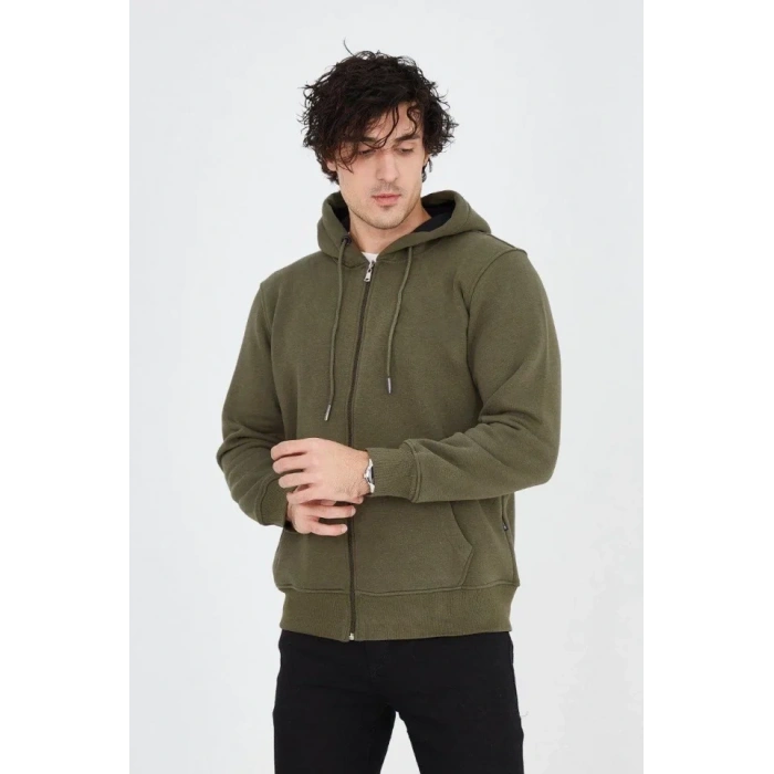 MARSiLYAN- Erkek Kapüşonlu Düz Fermuarlı Hırka - Yeşil