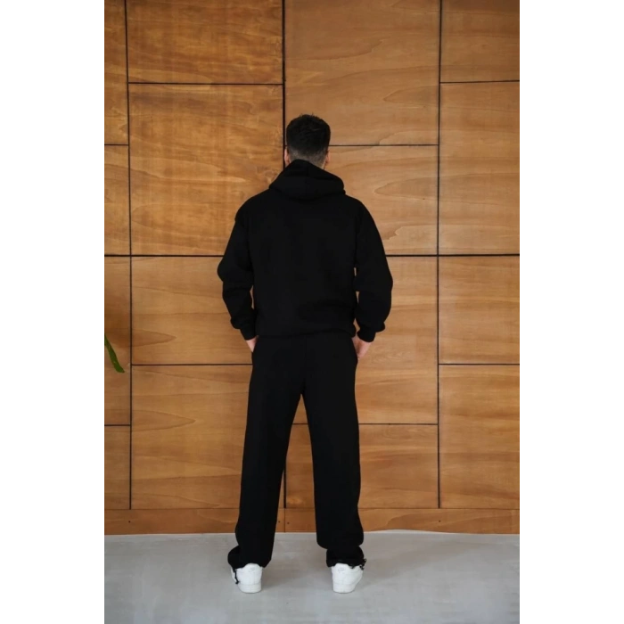 MARSiLYAN- Erkek Kapüşonlu Eşofman Takım Örümcek Ağı Ve Neon Yeşil Baskılı Kanguru Cepli Oversize Rahat Kalıp, Premium Üç İplik Kumaş - Siyah