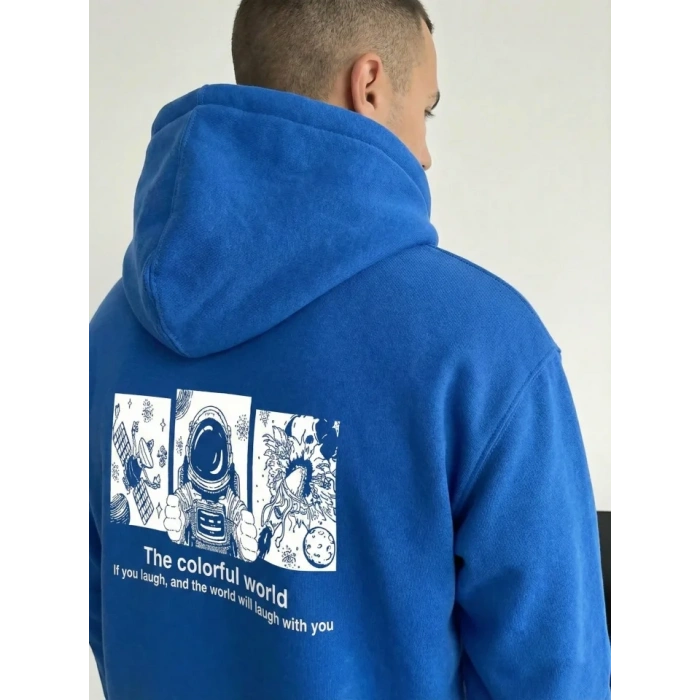 MARSiLYAN- Erkek Kapüşonlu Oversize Üç İplik Pamuklu Astronot Temalı Renkli Dünya Baskılı - Saks Mavisi