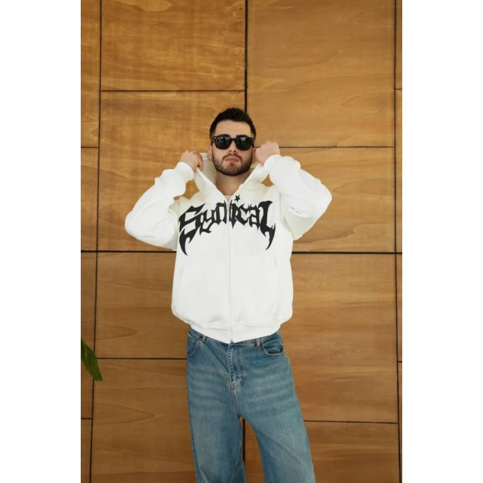 MARSiLYAN- Erkek Kapüşonlu Sweatshirt Hoodie 3 İplik Şardonlu Pamuklu Kumaş, Önü Baskılı, Fermuarlı Rahat Kalıp, Kışlık Ve Sokak Stili Sweat - Beyaz