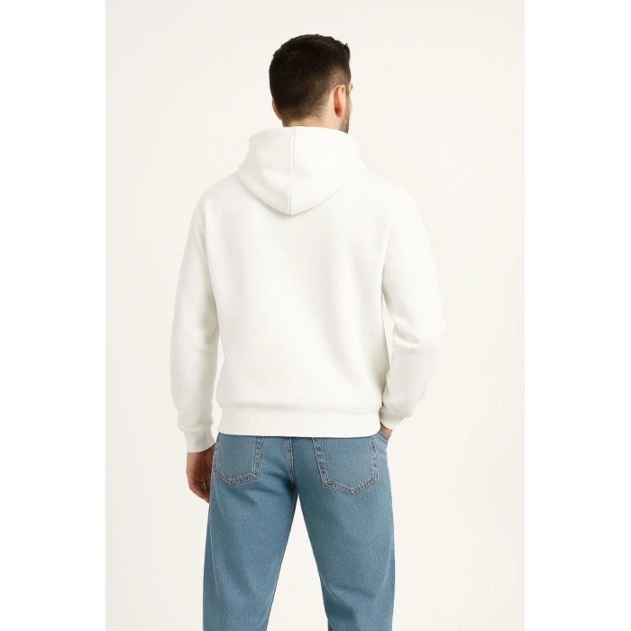 MARSiLYAN- Erkek Kapüşonlu Sweatshirt Hoodie 3 İplik Şardonlu Pamuklu Kumaş, Önü Baskılı, Fermuarlı Rahat Kalıp, Kışlık Ve Sokak Stili Sweat - Beyaz