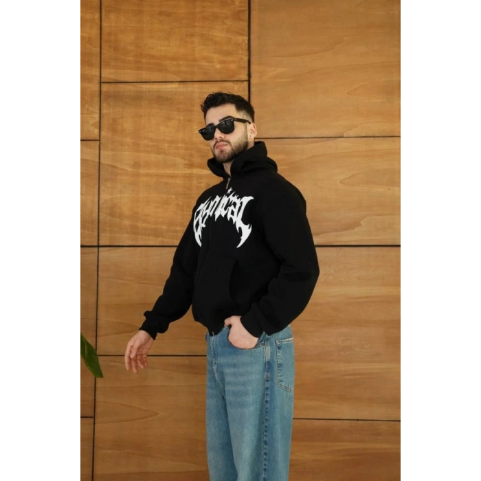 MARSiLYAN- Erkek Kapüşonlu Sweatshirt  Hoodie 3 İplik Şardonlu Pamuklu Kumaş, Önü Baskılı, Fermuarlı Rahat Kalıp, Kışlık Ve Sokak Stili Sweat - Siyah