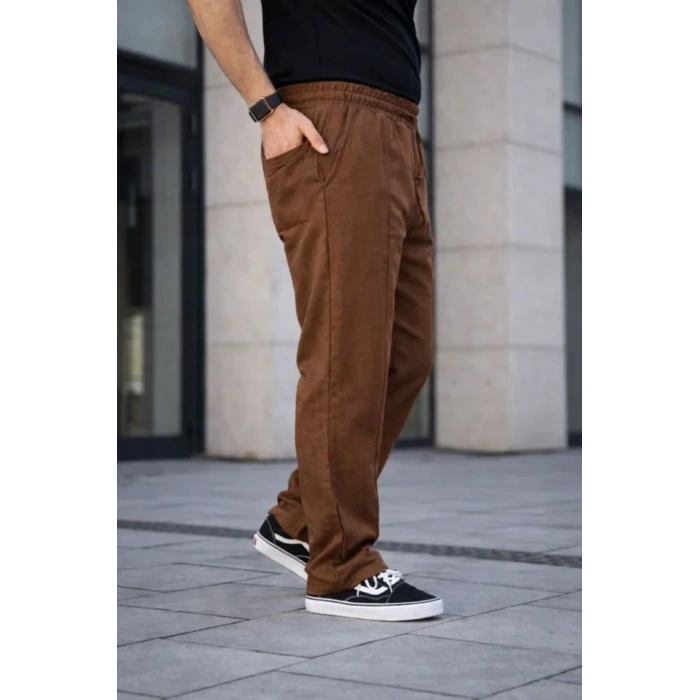 MARSiLYAN- Erkek Keten Cepli Çıma Dikişli Jogger Buggy Pantalon Rahat Kalıp - Kahverengi
