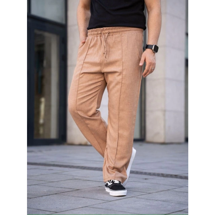 MARSiLYAN- Erkek Keten Cepli Çıma Dikişli Jogger Buggy Pantalon Rahat Kalıp - Kahverengi