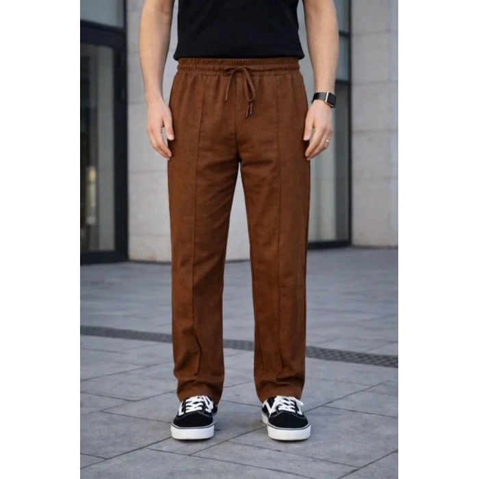 MARSiLYAN- Erkek Keten Cepli Çıma Dikişli Jogger Buggy Pantalon Rahat Kalıp - Kahverengi