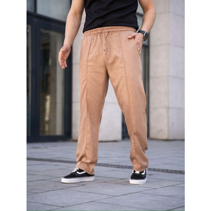 MARSiLYAN- Erkek Keten Cepli Çıma Dikişli Jogger Buggy Pantalon Rahat Kalıp - Kahverengi