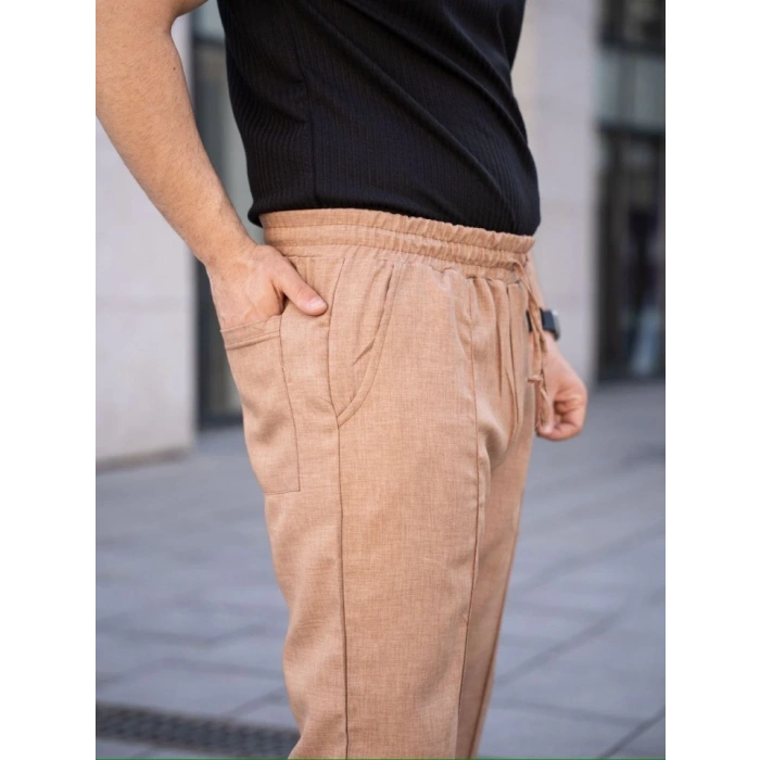 MARSiLYAN- Erkek Keten Cepli Çıma Dikişli Jogger Buggy Pantalon Rahat Kalıp - Kahverengi