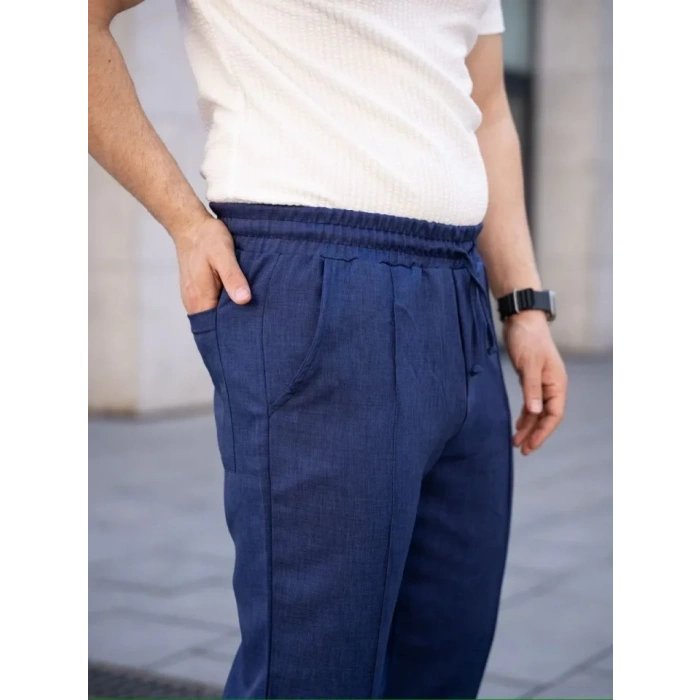 MARSiLYAN- Erkek Keten Cepli Çıma Dikişli Jogger Buggy Pantalon Rahat Kalıp - Lacivert