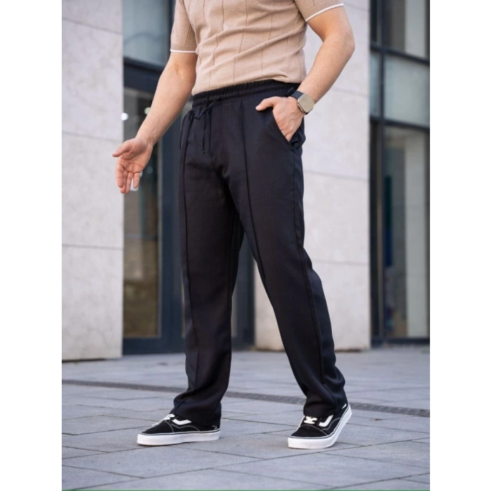 MARSiLYAN- Erkek Keten Cepli Çıma Dikişli Jogger Buggy Pantalon Rahat Kalıp - Siyah