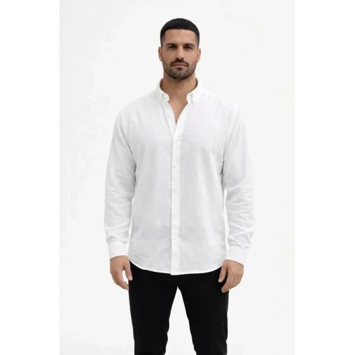 MARSiLYAN- Erkek KETEN Kumaş Oversize Uzun Kollu Rahat Kalıp Gömlek - Beyaz