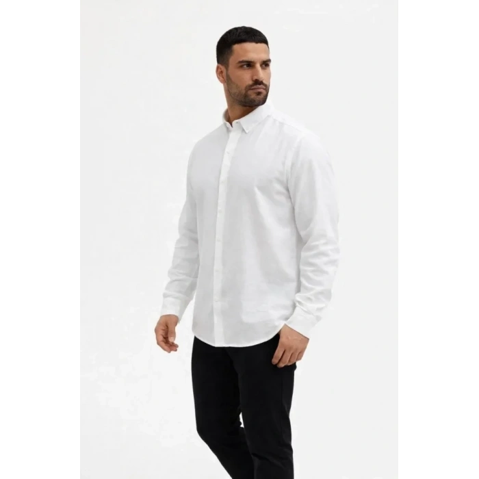 MARSiLYAN- Erkek KETEN Kumaş Oversize Uzun Kollu Rahat Kalıp Gömlek - Beyaz
