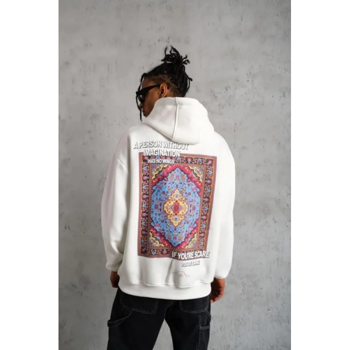 MARSiLYAN- Erkek Kilim Desen Kapüşonlu Sweat- Beyaz