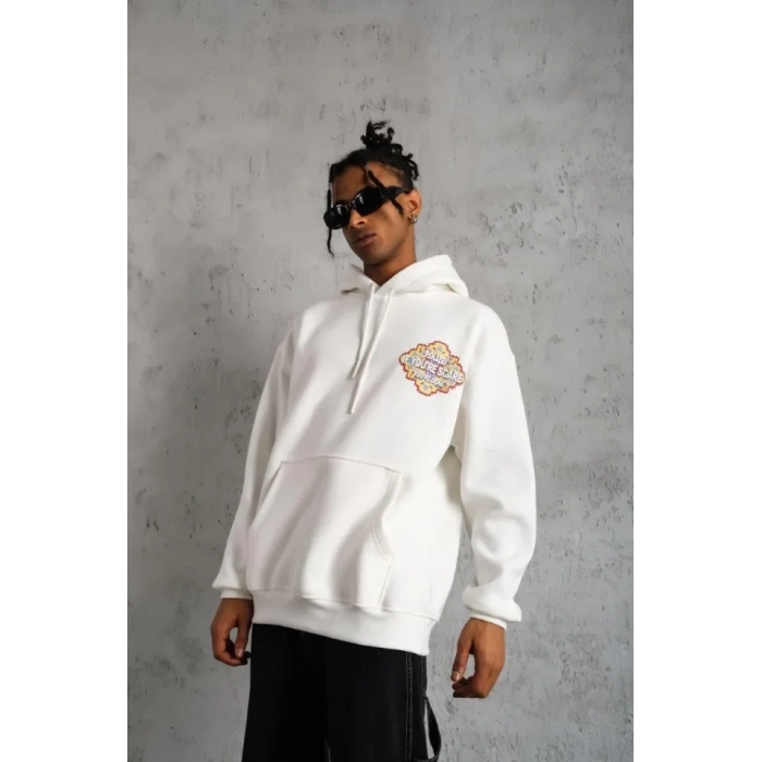 MARSiLYAN- Erkek Kilim Desen Kapüşonlu Sweat- Beyaz