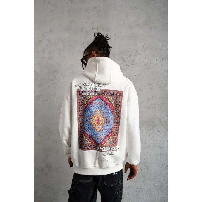 MARSiLYAN- Erkek Kilim Desen Kapüşonlu Sweat- Beyaz