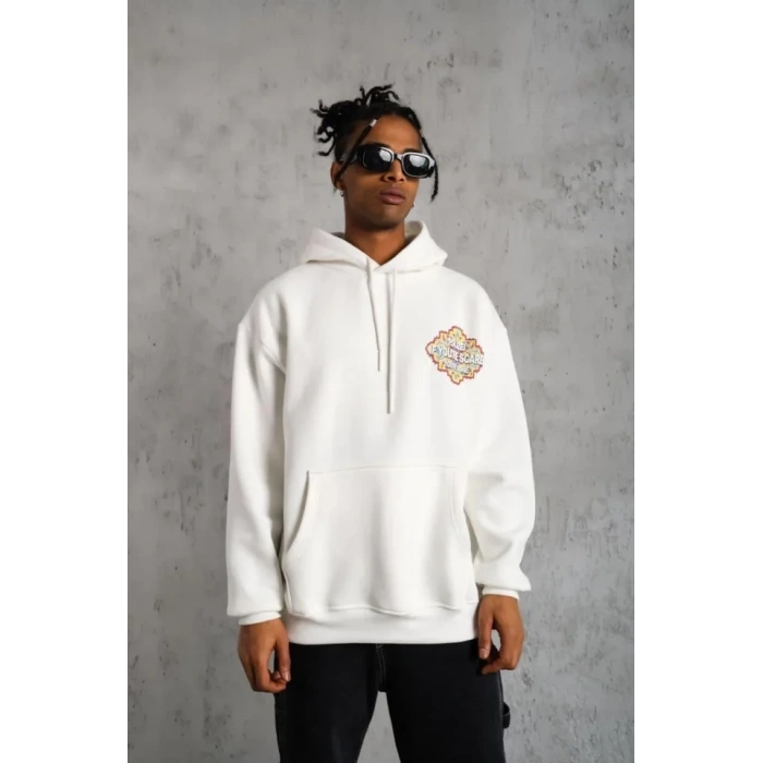 MARSiLYAN- Erkek Kilim Desen Kapüşonlu Sweat- Beyaz