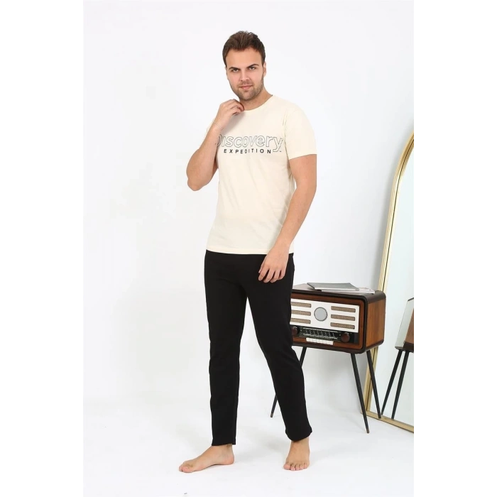 MARSiLYAN- Erkek Kısa Kol Penye Pijama Takımı Krem