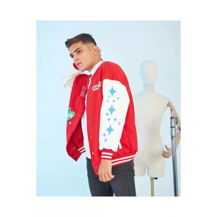 MARSiLYAN- Erkek Kolları Yıldız Sırt Baskılı Oversize Kolej Ceket - Kırmızı