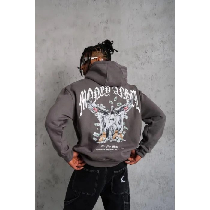 MARSiLYAN- Erkek Kordon İpli Baskılı Kapüşonlu Sweatshirt - Füme