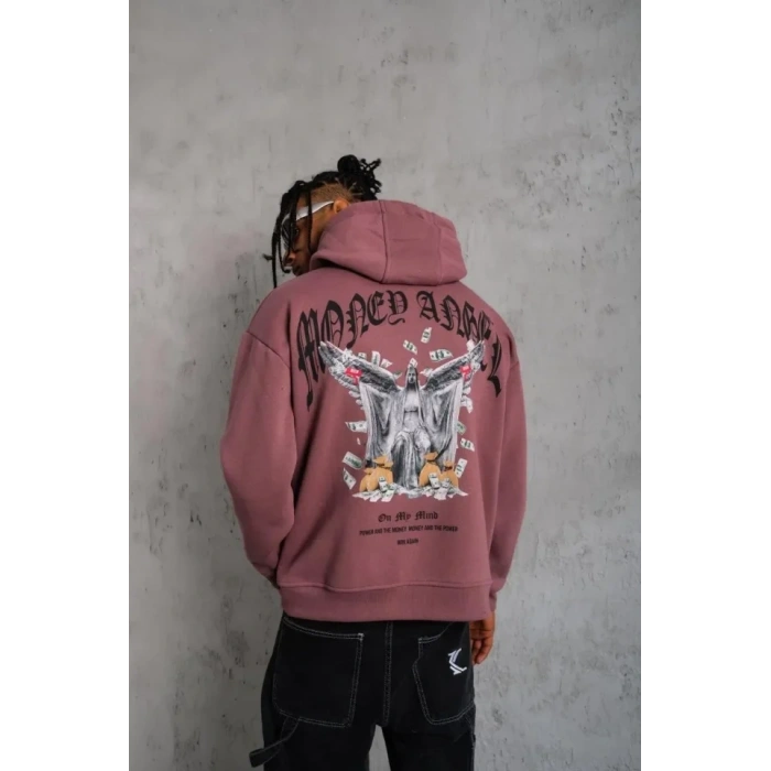 MARSiLYAN- Erkek Kordon İpli Baskılı Kapüşonlu Sweatshirt - Gül Kurusu