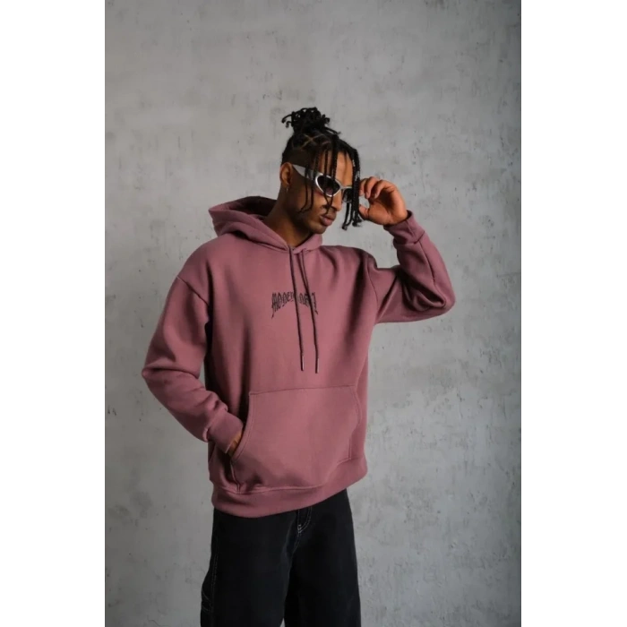 MARSiLYAN- Erkek Kordon İpli Baskılı Kapüşonlu Sweatshirt - Gül Kurusu