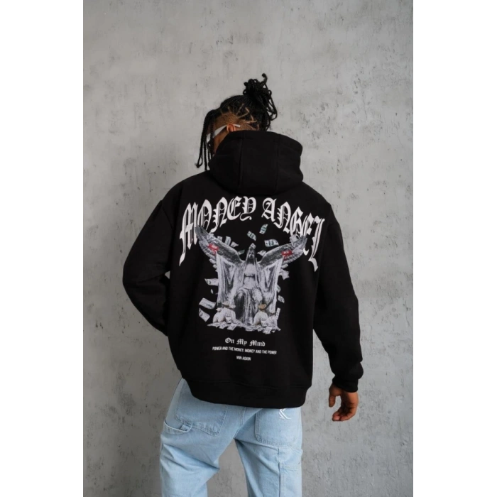 MARSiLYAN- Erkek Kordon İpli Baskılı Kapüşonlu Sweatshirt - Siyah