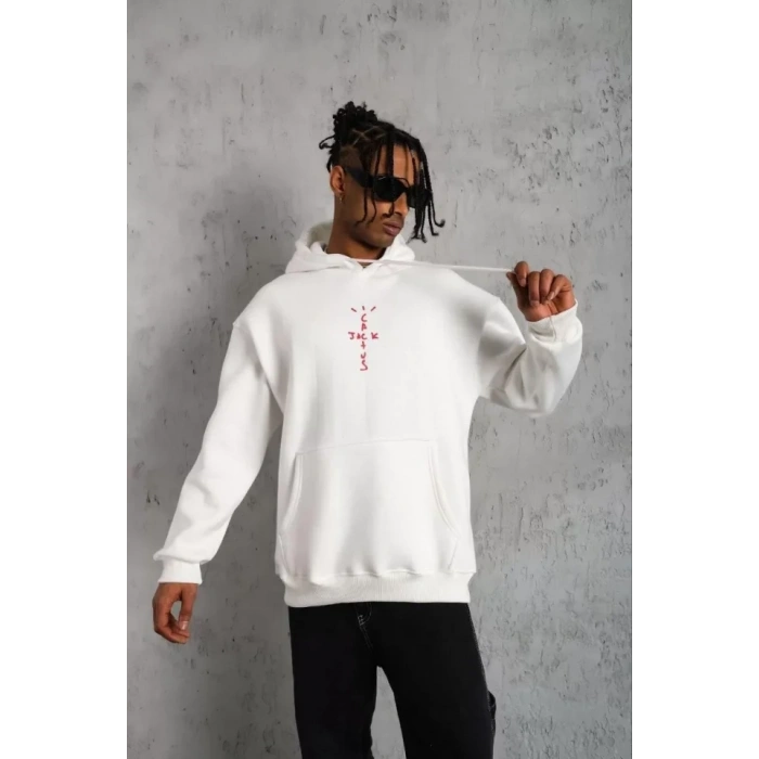 MARSiLYAN- Erkek Kordonlu Arka Maske Kordon Saçlı Kapüşonlu - Beyaz