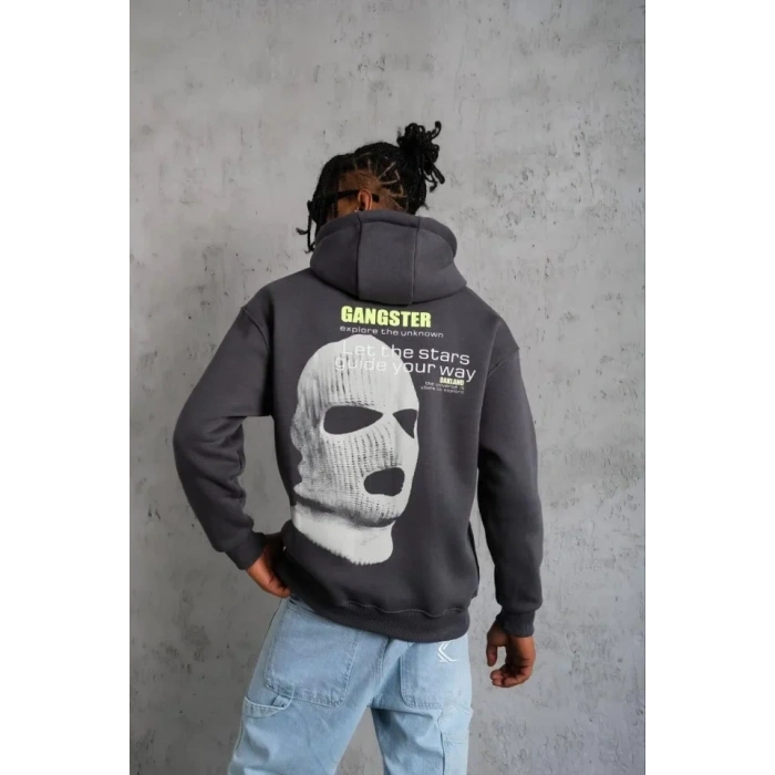 MARSiLYAN- Erkek Kordonlu Maske Baskılı Kapşonlu Sweat - Gri