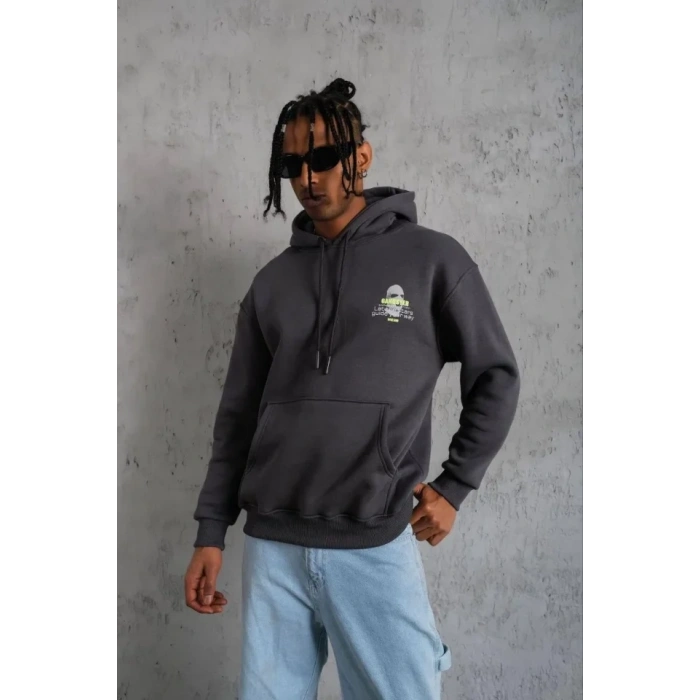 MARSiLYAN- Erkek Kordonlu Maske Baskılı Kapşonlu Sweat - Gri