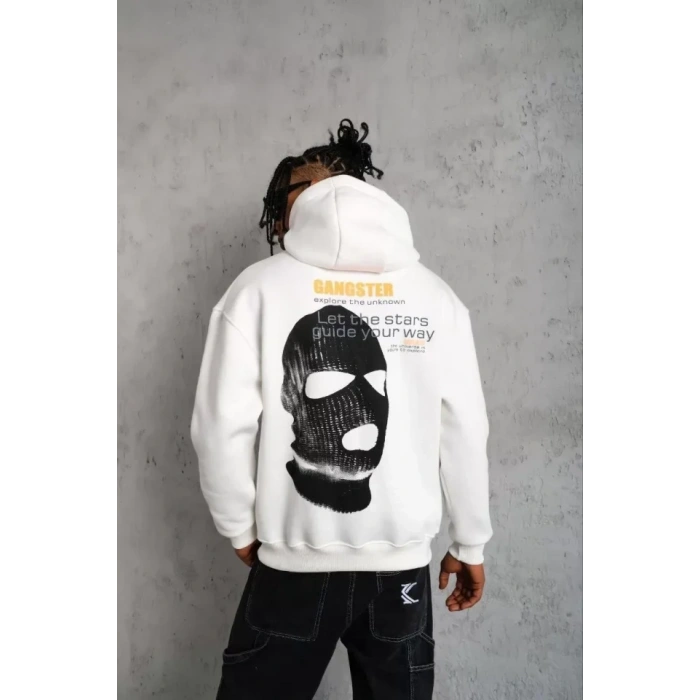 MARSiLYAN- Erkek Kordonlu Maske Baskılı Kapüşonlu Sweat - Beyaz